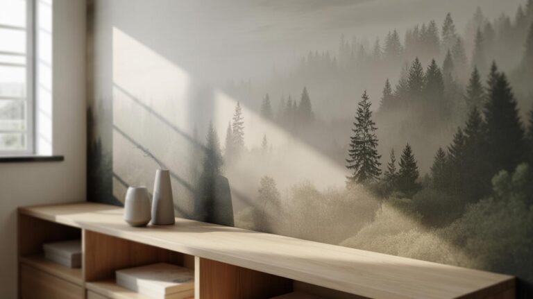 A minimalistic room with a wooden shelf, two vases, and a misty forest mural on the wall. Sunlight streams through a window, casting shadows and creating a peaceful atmosphere.