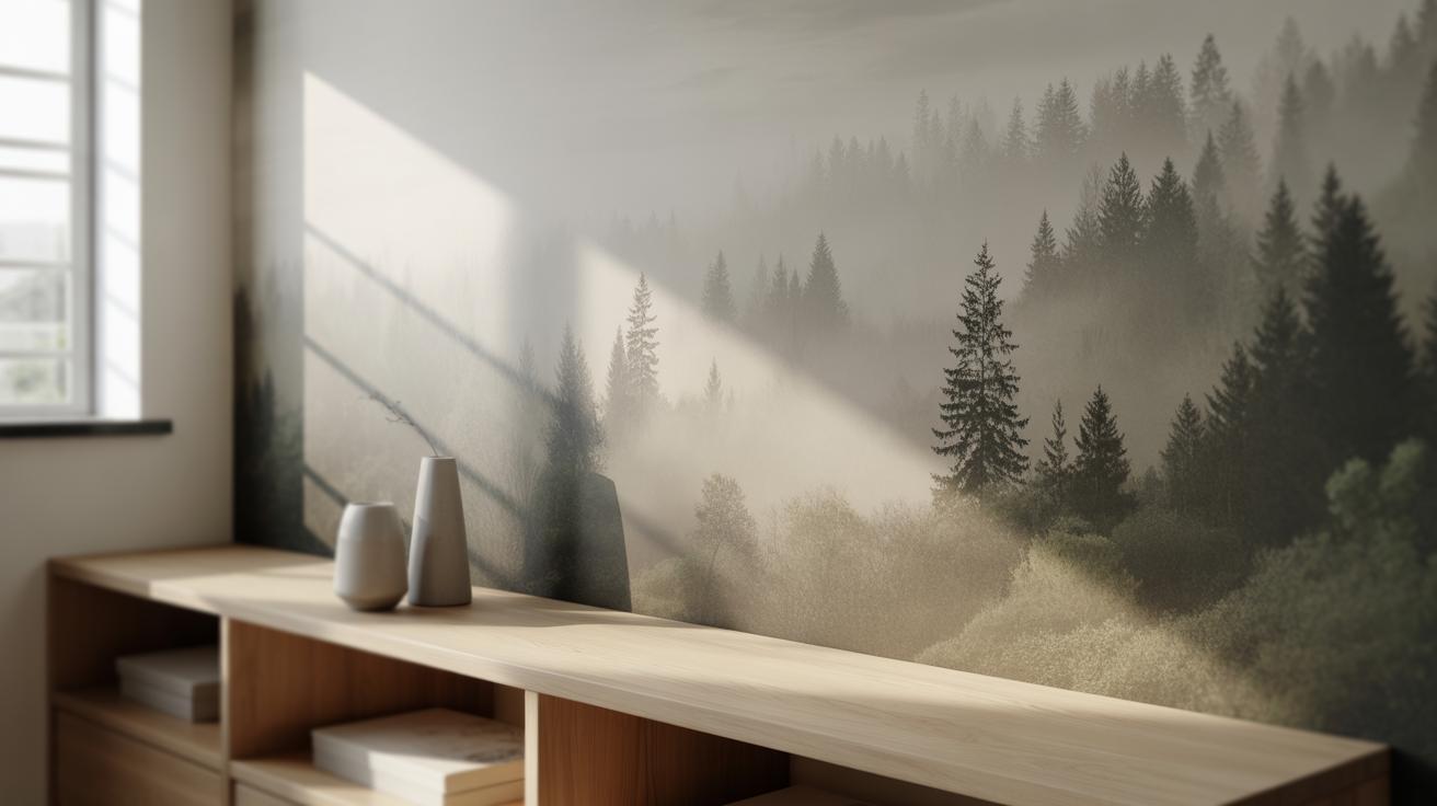 A minimalistic room with a wooden shelf, two vases, and a misty forest mural on the wall. Sunlight streams through a window, casting shadows and creating a peaceful atmosphere.