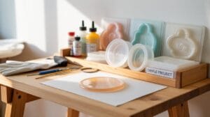 A wooden table holds soap-making supplies, including bottles of liquid colorants, silicone molds, gloves, tools, and a round bar of soap on white paper, all arranged neatly in sunlight.