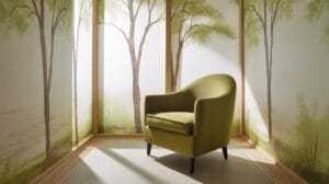 A single green armchair sits in the corner of a room with walls featuring murals of trees and a soft, natural light creating a tranquil atmosphere.
