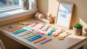 A sunlit desk displays colorful keychains and bookmarks, a small potted succulent, two toy figurines, and a framed print reading WEEKEND VIBES in rainbow letters.