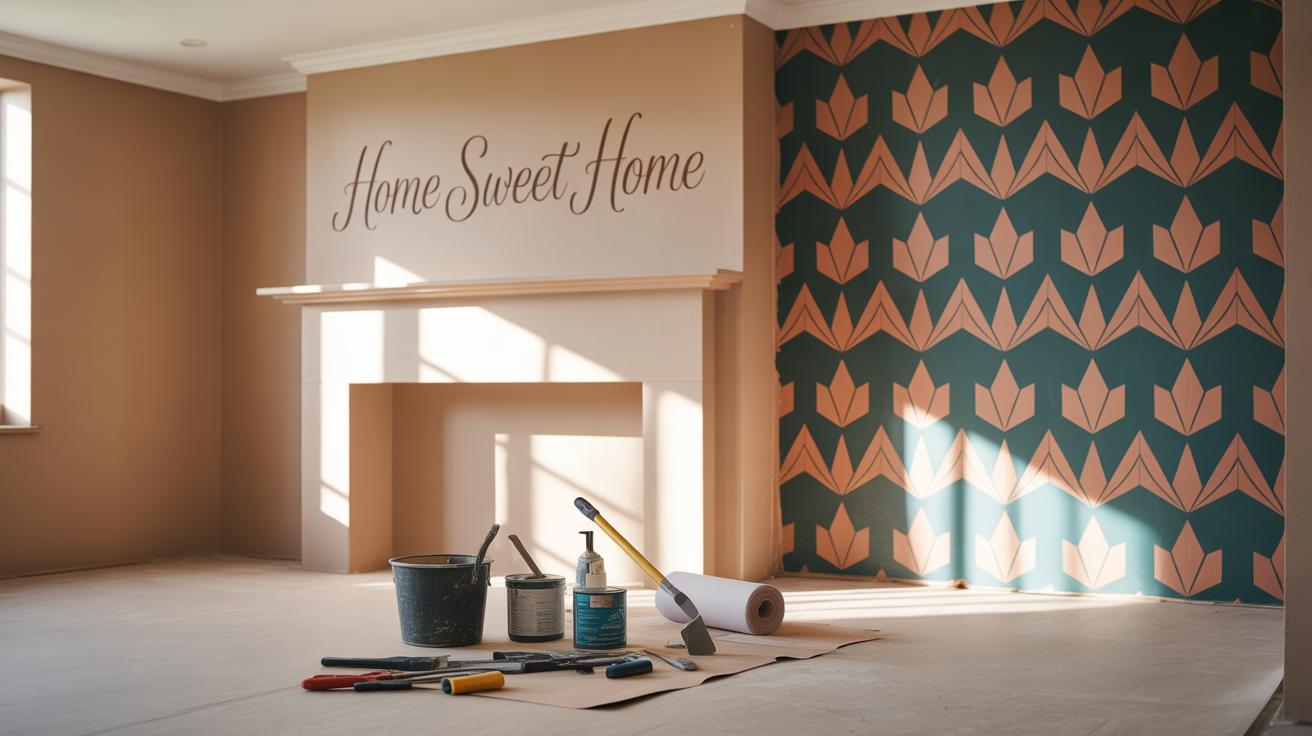 A cozy room being renovated, with painting and wallpaper tools on the floor. The wall above the fireplace reads Home Sweet Home, and another wall features bold patterned wallpaper. Sunlight streams in through a window.