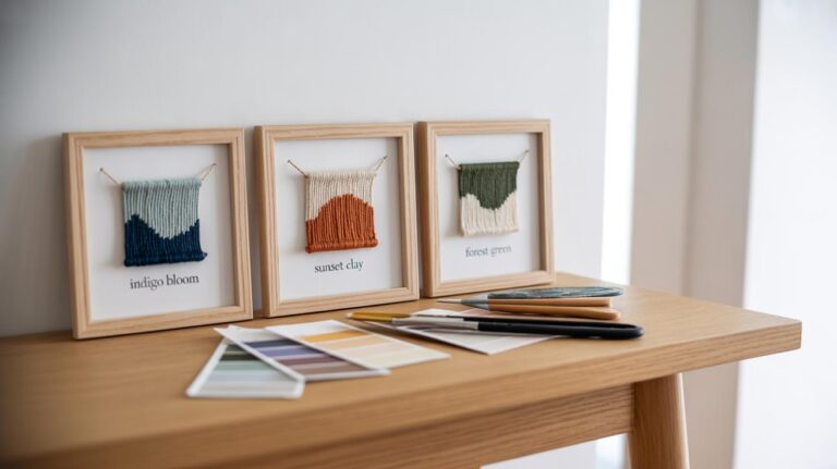 Three small framed woven artworks labeled indigo bloom, sunset clay, and forest green sit on a wooden table beside paintbrushes, colored pencils, and paint swatches.