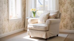 A cozy beige armchair with floral cushions sits by a sunlit window, next to a small table holding a vase of yellow and white flowers. The room has floral wallpaper and light wooden floors.