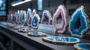 A display of polished geode slices in blue and purple hues is arranged on a shelf, with a sign reading ADVANCED SAMPLES in the center. The geodes have vibrant colors and metallic edges.
