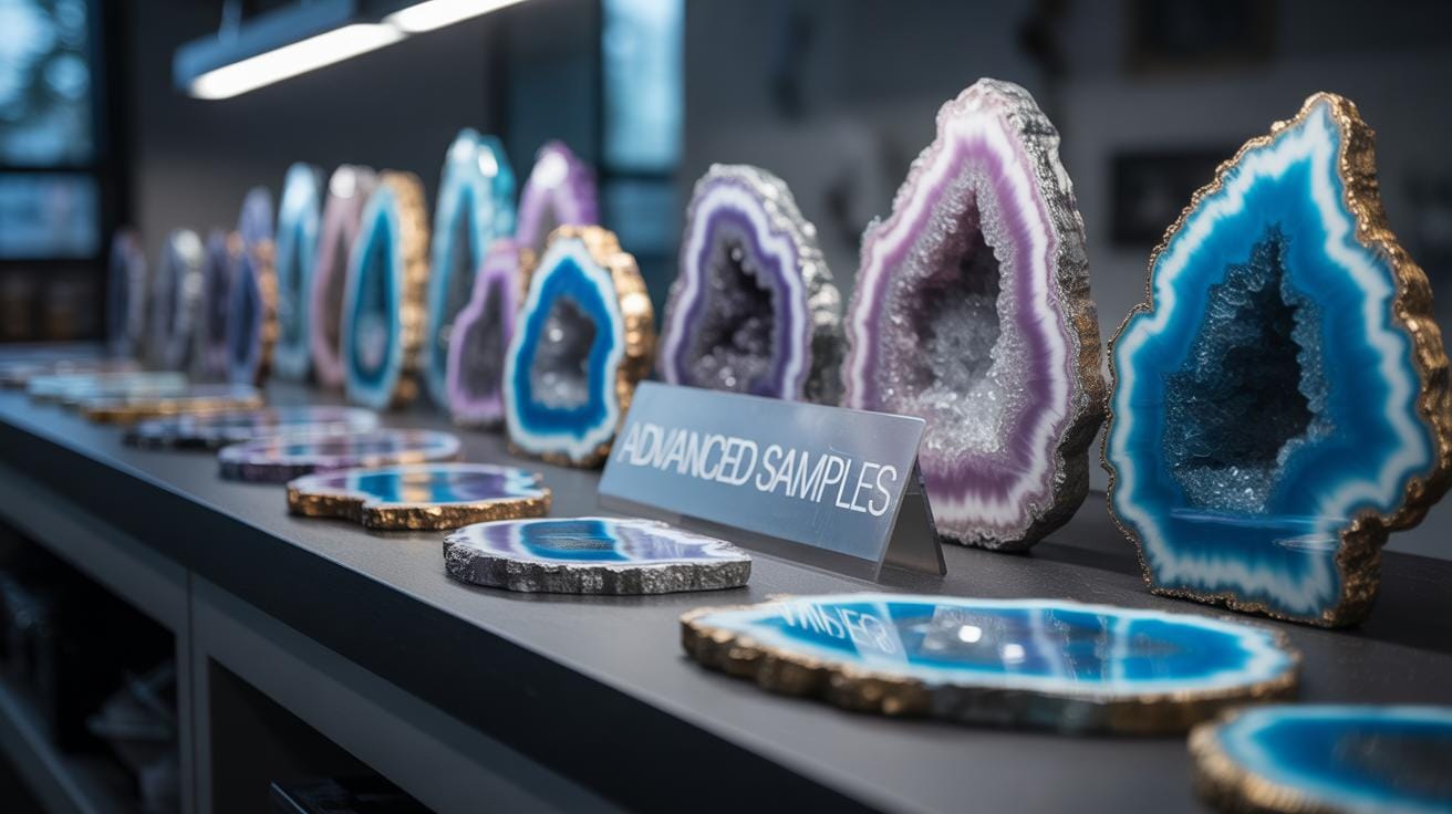 A display of polished geode slices in blue and purple hues is arranged on a shelf, with a sign reading ADVANCED SAMPLES in the center. The geodes have vibrant colors and metallic edges.