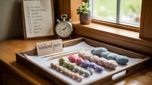A tray with skeins of colorful yarn, knitting needles, and a card reading “Weekend pace” sits on a windowsill beside a clock, a potted plant, and a framed to-do list. Sunlight fills the cozy scene.