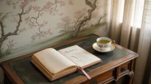 An open book titled Memories and a steaming cup of tea sit on a vintage wooden desk beside a window with sheer curtains and floral wallpaper in the background.