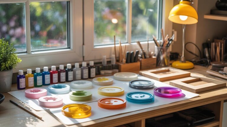 A well-lit craft workspace with colored resin coasters, paint bottles, brushes, and wooden molds arranged neatly on a wooden table by a window with sunlight streaming in.