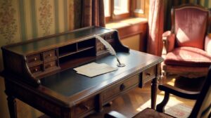 A vintage wooden writing desk with a feather quill, ink pot, and papers sits by a sunlit window. An ornate upholstered armchair is positioned nearby, and patterned wallpaper decorates the room.