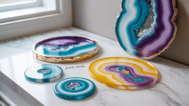 Colorful, agate-inspired resin coasters and trays in blue, purple, and yellow hues are displayed on a marble windowsill, alongside a large decorative geode slice.
