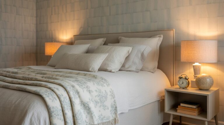 Cozy bedroom with a neatly made bed featuring white and patterned pillows and blankets. Two bedside tables with lamps, a vintage alarm clock, a small vase, and stacked books add warmth and style to the softly lit room.