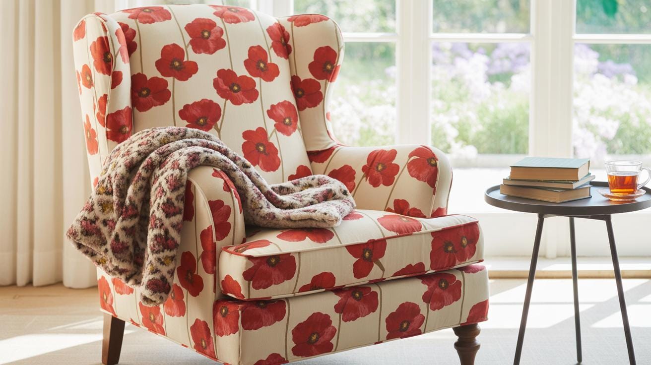 A cozy armchair with a red poppy floral pattern and a soft blanket draped over the arm sits by a window. Next to it is a small round table with books and a cup of tea, sunlight streaming in.