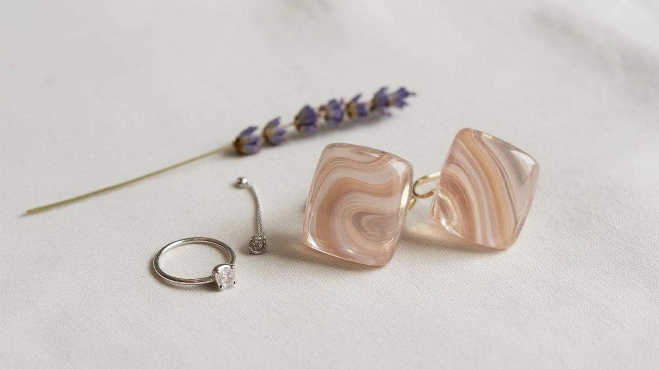 A pair of square, marbled beige cufflinks, a silver ring with a clear stone, a delicate chain earring, and a sprig of lavender are arranged on a soft, white fabric background.