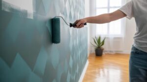 A person uses a paint roller to apply blue-green paint with a diamond pattern to a wall in a bright room with wooden floors and a potted plant near a window.