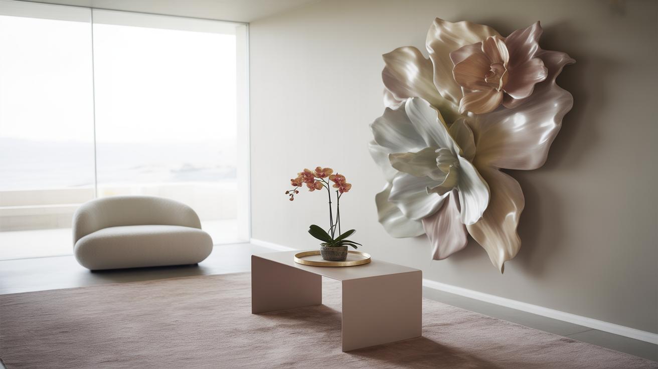 Minimalist living room with a large, sculptural floral wall art, a low table with a potted orchid, a curved cream chair, and floor-to-ceiling windows overlooking a serene outdoor view.