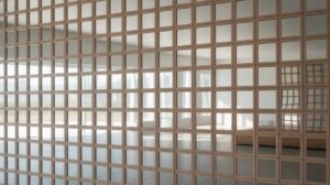 A grid of square mirrors reflects a bright, empty room with large windows and sunlight streaming in, creating repeating patterns of light and geometric shapes across the mirrored surface.
