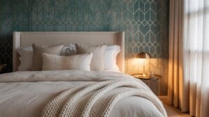 A cozy bedroom with a beige upholstered bed, layered pillows, a chunky knit blanket, a gold bedside lamp, a glass of water, and teal geometric wallpaper. Warm light filters through cream curtains.