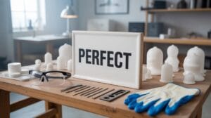 A table with sculpting tools, safety goggles, gloves, and ceramic objects. A sign in the center reads PERFECT. The background shows shelves and a lamp in a well-lit studio.