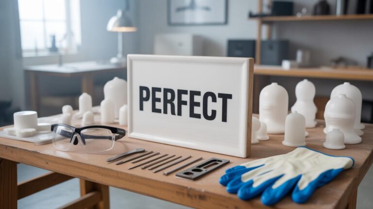 A table with sculpting tools, safety goggles, gloves, and ceramic objects. A sign in the center reads PERFECT. The background shows shelves and a lamp in a well-lit studio.