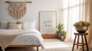A cozy, sunlit bedroom with white bedding, a knitted throw blanket, woven wall art, green plants in pots, a framed “golden hour” print, and a bowl of dried flowers on a wooden stool. Light curtains filter soft sunlight.