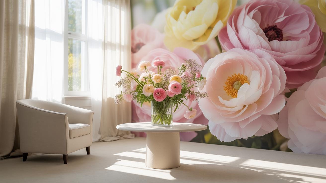 A bright room with a beige armchair and round table holding a vase of pink and yellow ranunculus flowers, set against a wall mural of large, soft pastel blooms. Sunlight streams through sheer curtains.