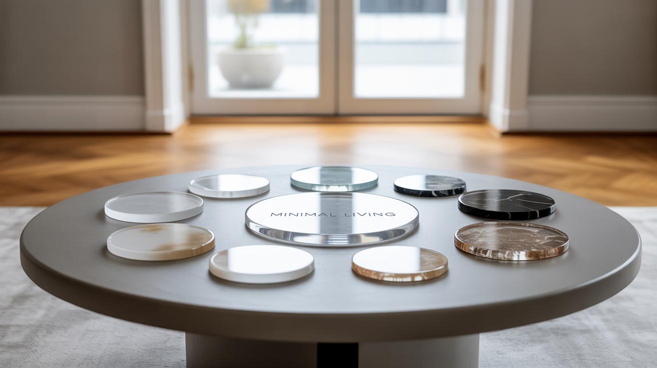 A round coffee table displays several circular samples of different materials and colors, labeled MINIMAL LIVING, set in a modern, bright room with large windows and wooden floors.
