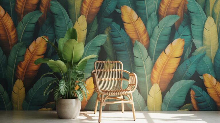 A rattan chair and a potted plant sit in front of a vibrant wall covered with a bold tropical leaf pattern in green, yellow, and teal hues. Sunlight streams across the floor, creating a bright, relaxed atmosphere.