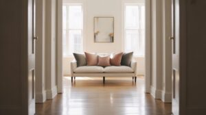 A bright, minimalist living room with a cream-colored sofa arranged with pastel pink and gray cushions, set against two tall windows and a framed abstract painting on the wall.
