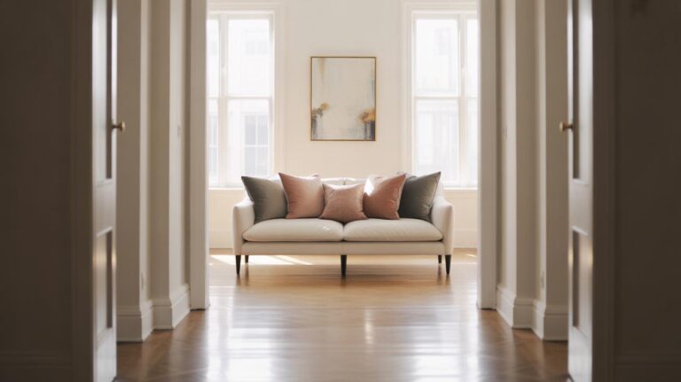 A bright, minimalist living room with a cream-colored sofa arranged with pastel pink and gray cushions, set against two tall windows and a framed abstract painting on the wall.