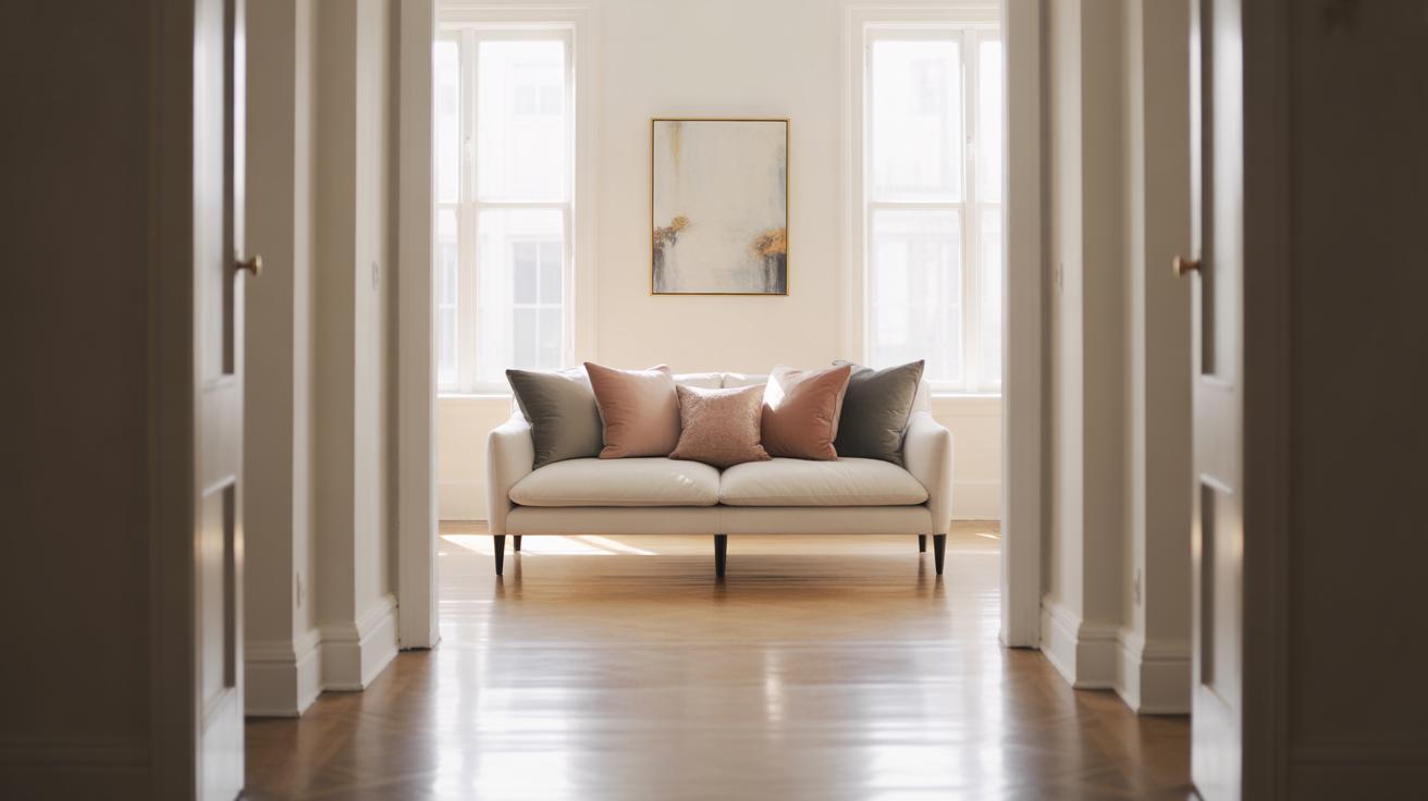 A bright, minimalist living room with a cream-colored sofa arranged with pastel pink and gray cushions, set against two tall windows and a framed abstract painting on the wall.