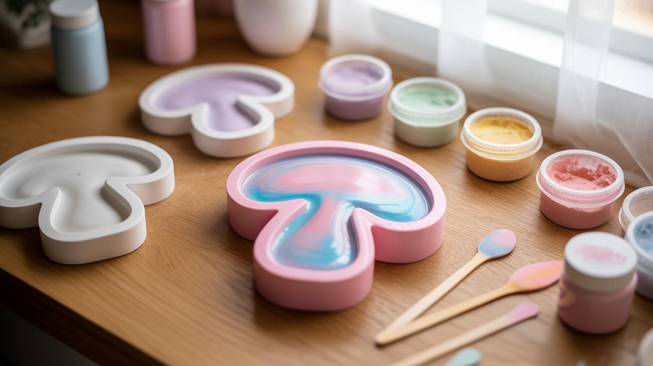 Mushroom-shaped trays are filled with swirled pastel resin, surrounded by small jars of colored materials and wooden mixing sticks on a wooden table by a sunlit window.