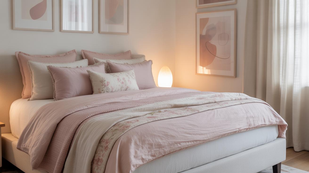 A cozy bedroom with a neatly made bed covered in soft pink and cream bedding, decorative pillows, and floral accents. Warm light glows from a lamp on the nightstand. Abstract art hangs on the light-colored walls.