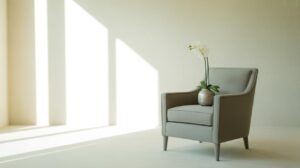 A beige armchair with a potted white orchid on the seat is placed in a bright, minimalist room with sunlight streaming through tall windows, casting geometric shadows on the wall and floor.