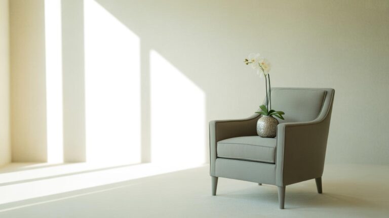 A beige armchair with a potted white orchid on the seat is placed in a bright, minimalist room with sunlight streaming through tall windows, casting geometric shadows on the wall and floor.