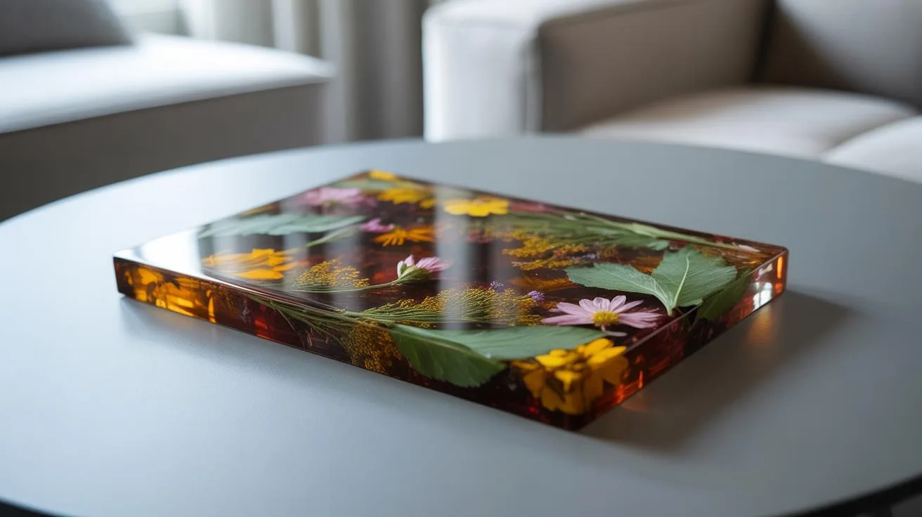 A rectangular resin block with colorful flowers and green leaves preserved inside, resting on a round gray table in a softly lit, modern living room.