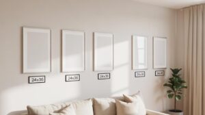 A living room wall displays five blank, framed posters labeled 24x36 above a beige sofa. Natural light enters from the right, illuminating a potted plant beside floor-length curtains.