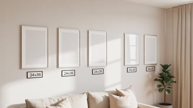 A living room wall displays five blank, framed posters labeled 24x36 above a beige sofa. Natural light enters from the right, illuminating a potted plant beside floor-length curtains.