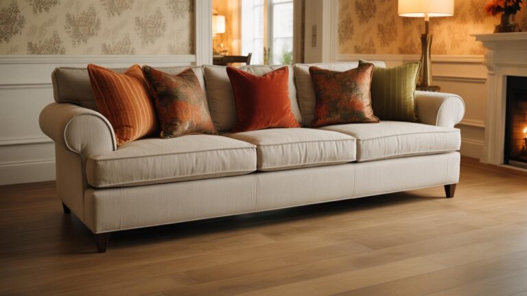 A beige sofa with six decorative throw pillows in orange, green, and floral patterns sits on a wooden floor in a warmly lit living room with patterned wallpaper and a fireplace.