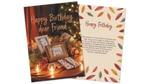 Two birthday cards are shown. The front reads Happy Birthday, dear Friend with a cozy scene of candles, pine cones, and lights. The inside says Happy Birthday and features a border of colorful autumn leaves.