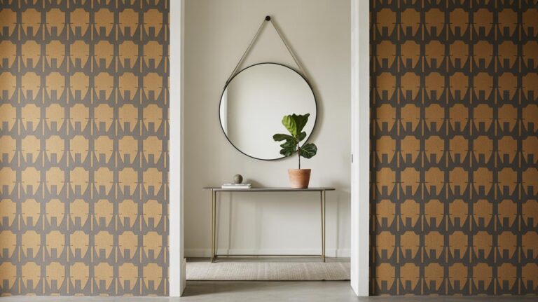 A modern entryway with bold geometric wallpaper, a slim console table holding a potted plant and books, and a large round mirror with a strap hanging above the table on a light-colored wall.