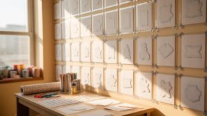 A sunlit art studio with a wall covered in sheets displaying outlined cookie cutter shapes. A table below holds art supplies, colored pencils, jars, paper, and wrapping paper. Large windows let in natural light.