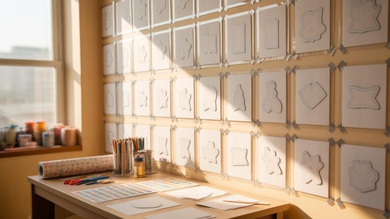 A sunlit art studio with a wall covered in sheets displaying outlined cookie cutter shapes. A table below holds art supplies, colored pencils, jars, paper, and wrapping paper. Large windows let in natural light.