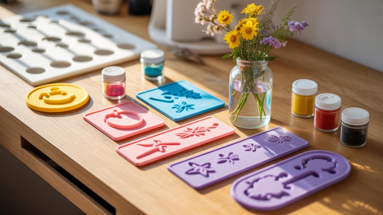 Colorful silicone molds with floral and smiley face designs are arranged on a wooden table, along with jars of colored powder and a glass jar filled with wildflowers in sunlight.