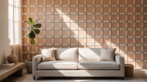 A modern living room with a beige sofa, two cushions, a potted plant, and decorative pottery, set against a geometric-patterned tan wall with sunlight streaming through a nearby window.