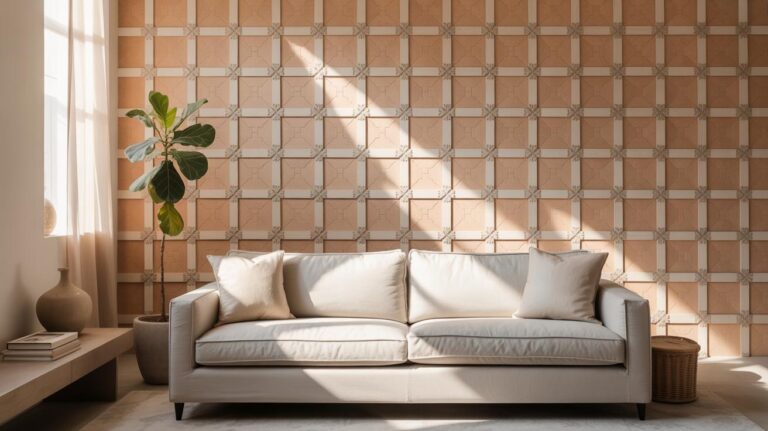 A modern living room with a beige sofa, two cushions, a potted plant, and decorative pottery, set against a geometric-patterned tan wall with sunlight streaming through a nearby window.