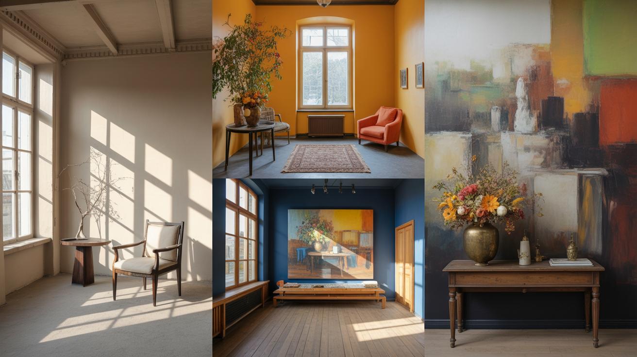 A collage of four stylish interior spaces featuring large windows, colorful walls, modern art, and elegant furniture, including chairs, a bench, vases with flowers, and a console table, all bathed in natural light.