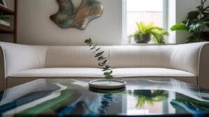 A modern living room with a white sofa, abstract wall art, and a marble-patterned coffee table holding a small white dish with a eucalyptus branch. Green plants and light from a window add freshness to the space.