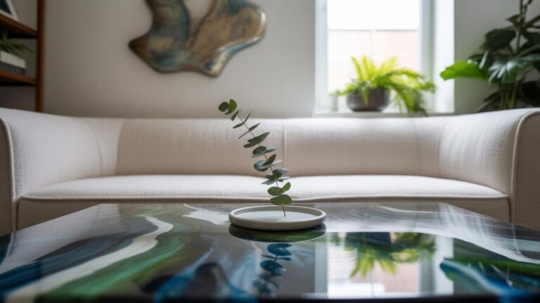 A modern living room with a white sofa, abstract wall art, and a marble-patterned coffee table holding a small white dish with a eucalyptus branch. Green plants and light from a window add freshness to the space.