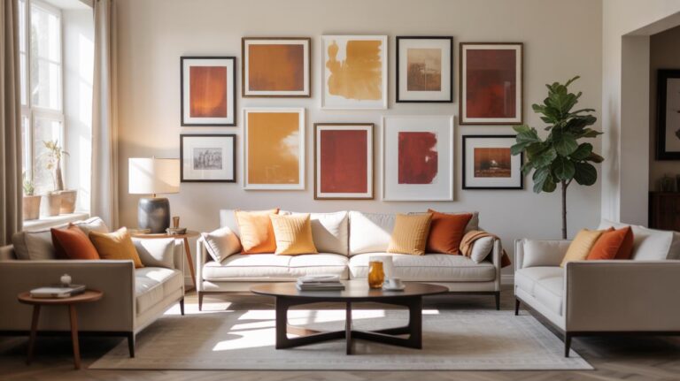 A modern living room with cream sofas, orange and yellow pillows, a dark coffee table, a large window, a potted plant, and a gallery wall of abstract art in warm earth tones above the sofa.